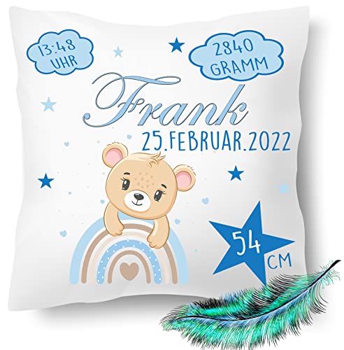 Personalisierbares Kissen zur Geburt für Jungen und Mädchen, Geburtskissen mit Namen, Geschenk, bedrucktes Teddy Kissen | Dekokissen, Zierkissen, Taufe | Kuschelkissen 40X40 (mit Kissenfüllung) Cover