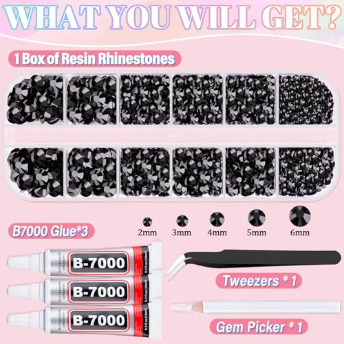 Image of Resin Rhinestones for Crafting with 3Pcs 10ml B7000 Jewelry Glue, 1 Box Black Flatback Gems Crystals Diamond for Bedazzling Crafts DIY Nail Art Makeup, Gems for Clothing Tumblers Shoes
