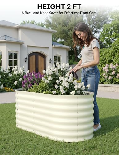 4x2x2ft Galvanized Raised Garden Bed - 24“ Tall Metal Planter Box for Vegetables, Flowers, Herbs, Rust-Resistant Outdoor Garden Box, Easy Assembly Raised Beds for Gardening, Beige
