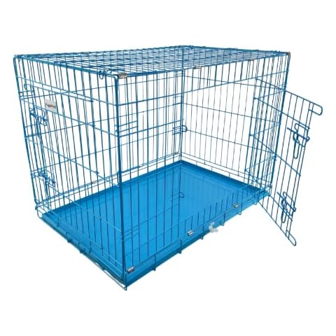 HugglePets Blue Dog Puppy Cage Metal Tray 2 Doors Dual Locks Foldable Carry Handle Lightweight (Large) Cover