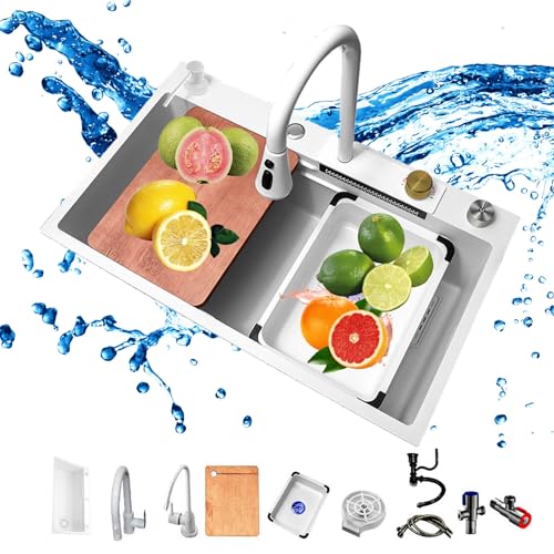 Fregadero de cocina de acero inoxidable blanco con grifo extraíble y lavadora de tazas a presión, fregadero multifuncional para lavado de verduras, diseño de cascada, nano revestimiento, 29.5 x 17.7