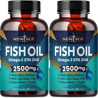 Omega 3 Fish Oil 2500mg Supplement by New Age - 2 Pack – Immune & Heart Support – Promotes Joint, Eye, Brain & Skin Health - Non GMO 180 Softgels - EPA, DHA Fatty Acids Gluten Free
