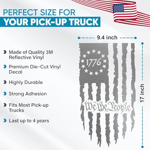 Image of GRITKULTURE We The People Distressed American Flag Decal Vinyl for Trucks, Cars, Tailgate, Windows Preamble of The US Constitution fits Most Pickup Trucks-Rear USA Flag Car Sticker (Reflective Silver)