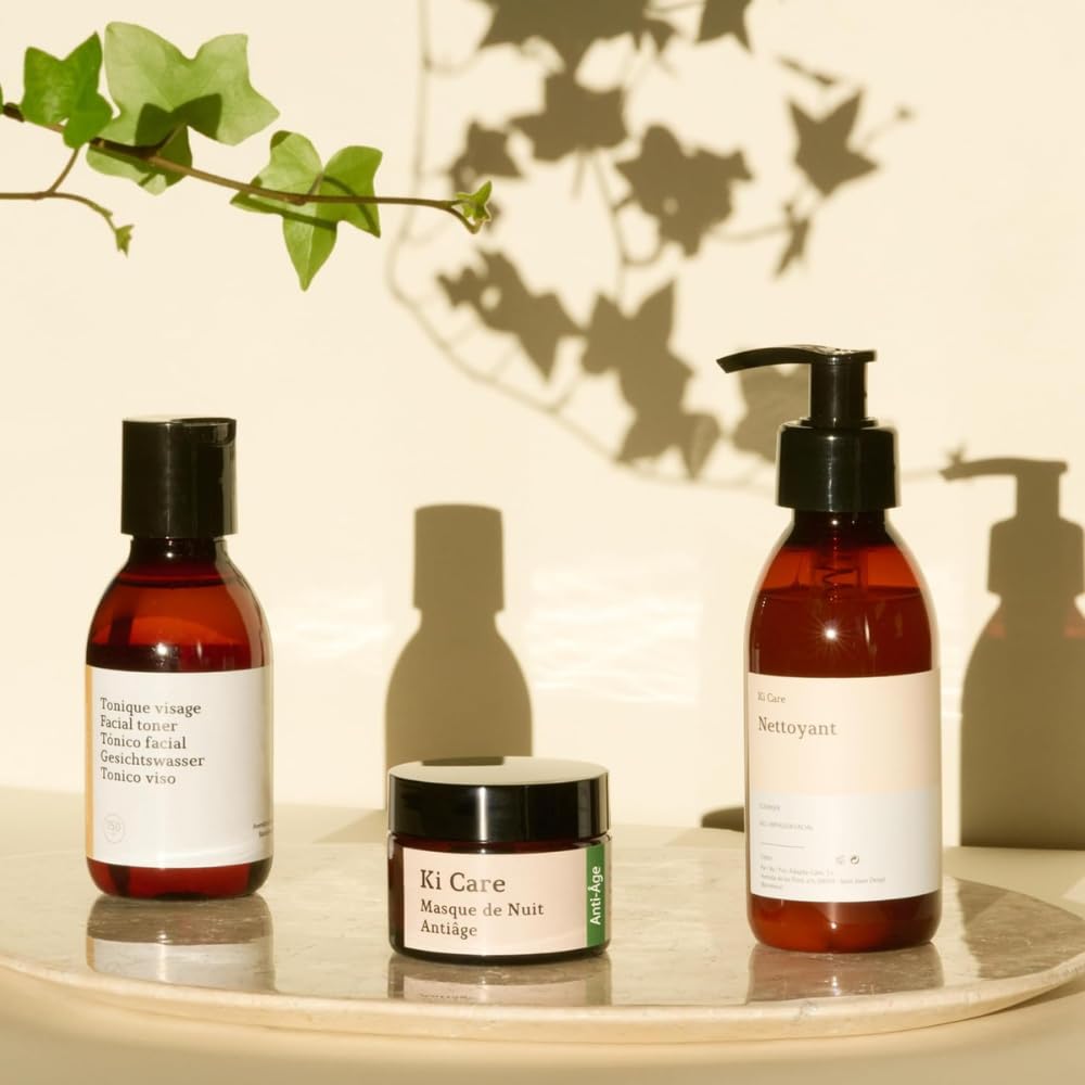 Rutina nocturna antiedad: Gel Limpiador Facial antioxidante, Tónico Facial con Niacinamida y Mascarilla nocturna antiedad con manteca de karité, creamidas vegetales y extracto de ashwagandha - Ki Care