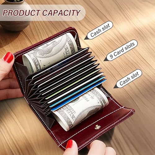 Women Credit Card Holder, PU Leather Small Solid Color Compact Card Wallet with 9 Card Slots and 2 Cash Slots (Red)4