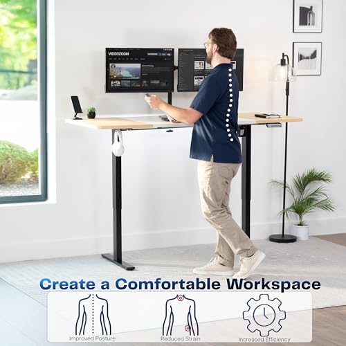 Image of VIVO White /Light Wood 71 x 30 in Standing Desk, DESK-KIT-1B7WC | Electric, Holds 220 lbs, Sit Stand, Height Adjustable, Extra Deep Table Top, Memory Presets, 1B Series, Black Frame