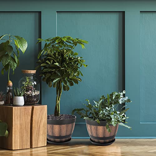 Quarut Large Plant Pots Set,3 Pack 12 Inch Whiskey Barrel Planter With Drainage Holes & Saucer.plastic Flower Pots Imitation Wine Barrel Design,Canbe For Indoor & Outdoor Garden Home Plants (Brown) #TOP5