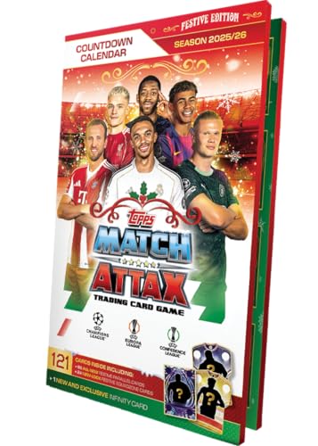 Topps UCC Match Attax 2025/26 - Advent Calendar - 121 Match Attax cards including 96 all-new festive parallels 24 new-look Festive Squadzone cards and 1 guaranteed Infinity card!