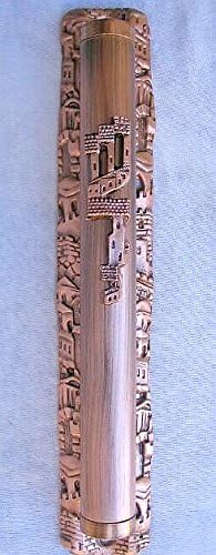Copper mezuzah with amazing Jerusalem background Israel needs 12cm mezuza scroll