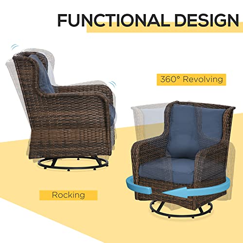 Outsunny 3 Piece Wicker Patio Bistro Set With Cushions, Pe Rattan Outdoor Porch Furniture With 360° Swivel Chairs, And Glass Top Table For Backyard, Garden, Pool, Dark Blue #TOP5