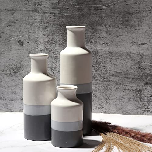 Ceramic Vase 3 Piece Set, Home Decor Decorative Flower Vases Set For Modern Farmhouse Decoration, Living Room Centerpieces,Events, Table, Bookshelf, Mantel And Entryway Decor(Grey-White,Cylindrical) #TOP6