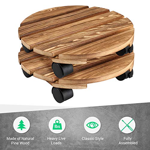 OAK LEAF Plant Caddy with Wheels, 12 Inch Plant Stand Plant Dolly, Round Wood with 360 Rotating Caster and Lockable Wheels, Plant Mover for Indoor, Outdoor, Garden