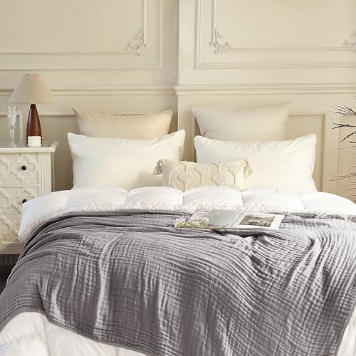 Image of SANACYNA Muslin Blankets 100% Cotton 6-Layer Gauze Gray Grid Bed Blanket Lightweight Soft and Breathable King Blanket for Sofa Couch Bed Coverlet Both Sides (Grey, King 90 inch X 104 inch)