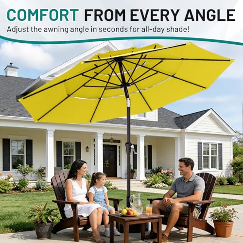 Image of AreShark 9ft 3-Tier Patio Umbrellas, Outdoor Umbrella with 8 Sturdy Ribs UV Protection Windproof, Market Table Umbrella w /Push Button Tilt & Crank for Pool, Porch, Deck, Garden(Yellow)