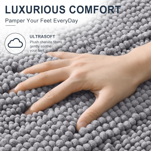 Image of Smiry Thick Chenille Bathroom Runner Rugs 44x24, Extra Absorbent Striped Bath Mat, Machine Washable, Rubber Backing, Long Bath Rugs for Tub & Shower, Modern Home Decor Accessories, Grey