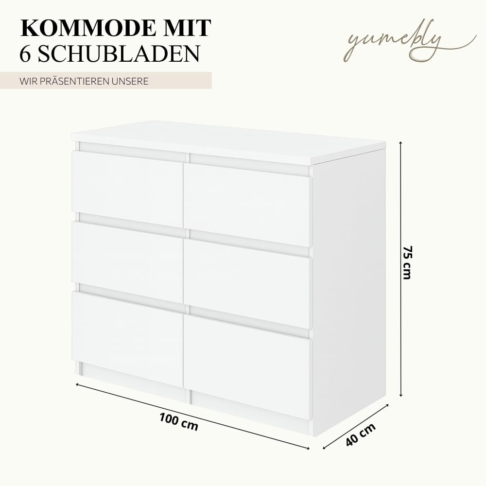 Kommode Basic Weiß mit 6 Schubladen | Viel Stauraum, 100x75x40 cm | Schubladenschrank für Schlafzimmer, Wohnzimmer, Büro oder Kinderzimmer