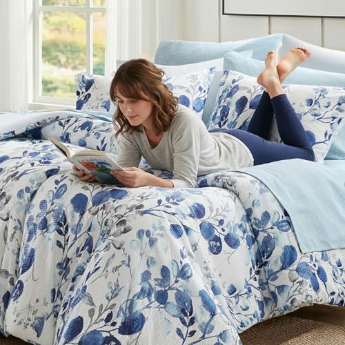 Regency Heights Lightweight Seersucker Botanical Comforter Set Queen Size, 9 Pieces Reversible Design Bed in A Bag Set, Premium Microfiber Bedding Set, Blue - image 7