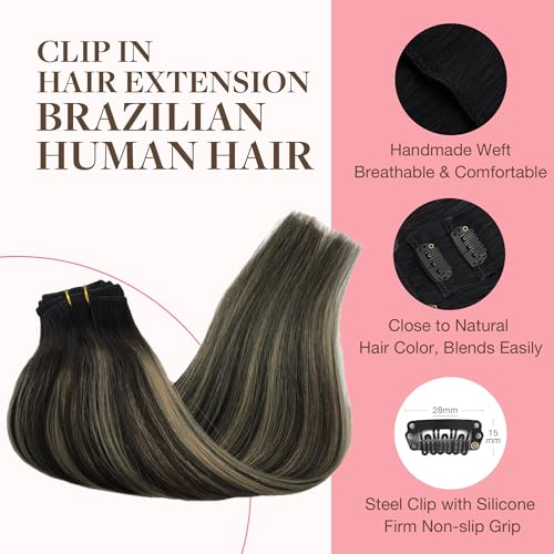 Image of GOO GOO Clip in Hair Extensions Real Human Hair, Remy Human Hair Extensions Clip ins for Women, Natural Human Hair, 22inch 120g 7Pcs, 1B /16 /1B Balayage Natural Black to Light Blonde