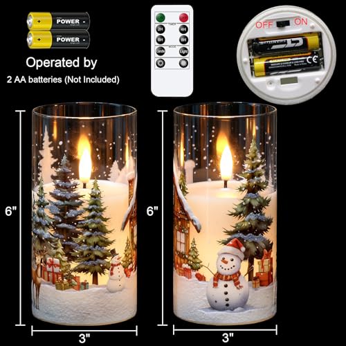 Image of GenSwin Christmas Flameless Candles with Remote Timer, Set of 2 Christmas LED Glass Battery Operated Candles with Cedar, Snowman, Reindeer, Snowy House Decals for Holiday Winter Home Decor(D3 inch x H6 inch)