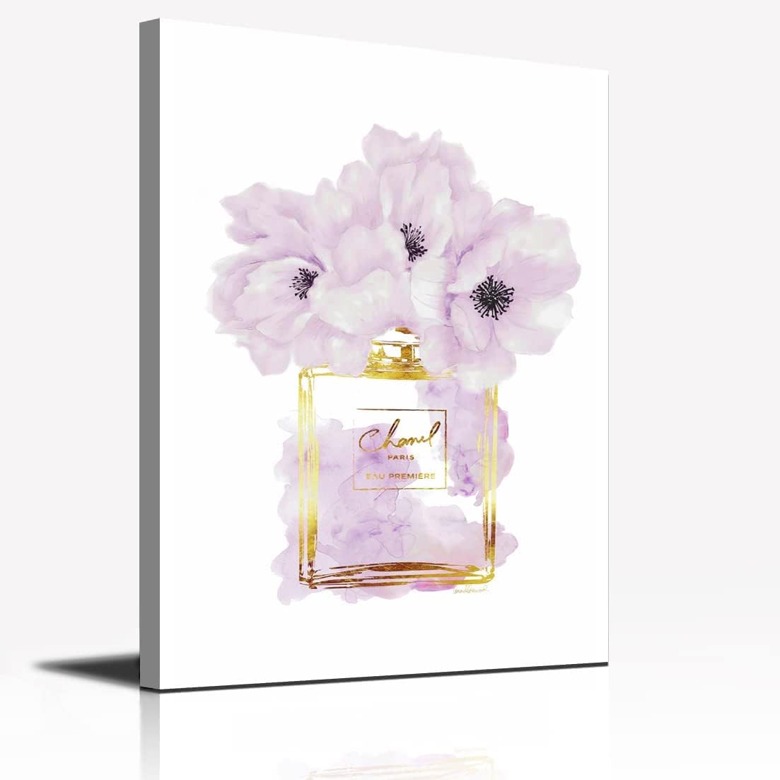 Wall Art Canvas Glam Perfume Pictures Wall Decor Purple And Gold Flowers Canvas Wall Art Girl Home Decor For Bedroom Wall Bathroom Set Room Decor Purple 24L" x 16W"