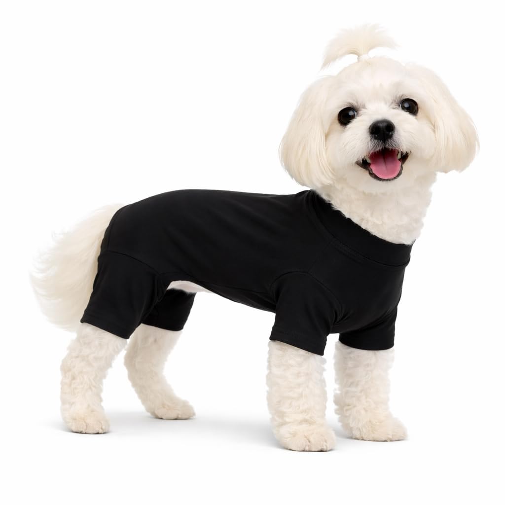 Lovelonglong Dog Full Bodysuit – Stretchy Yoga Fabric 4-Leg Dog Pajamas, Breathable & Lightweight Dog Onesie for Indoor & Outdoor, Shedding Control & Travel Wear Black XS