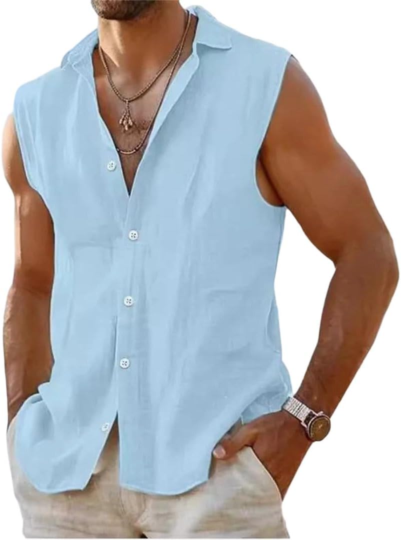 Men Tank Tops Lapel Sleeveless Loose Fit Casual Retro Shirt Style Vest