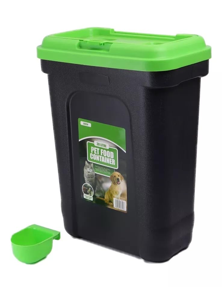 FAQRAH Pet Food Storage Container Flip Top Locking System With Integrated Scoop Plastic Birds Airtight Pet Dog Cat Animal Dry Food 15 KG Dispenser Bin Green (40 L)