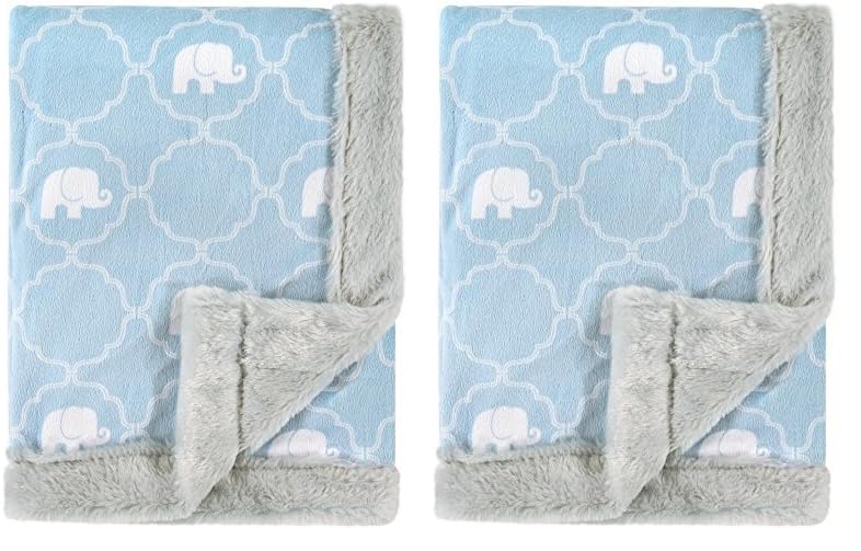 Image of Hudson Baby Unisex Baby Plush Blanket with Furry Binding and Back, Elephant, One Size (Pack of 2)