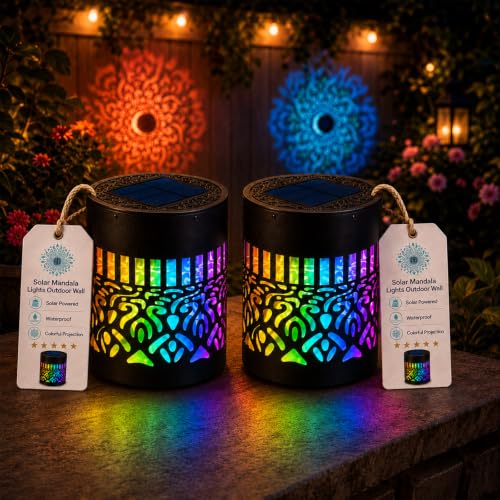 2027 New Solar Mandala Wall Lights Outdoor 7-Color Changing Projection Fence Lamp Weather-Resistant Metal Decorative Light for Garden Patio Backyard Courtyard Pathway Decor (2PCS)