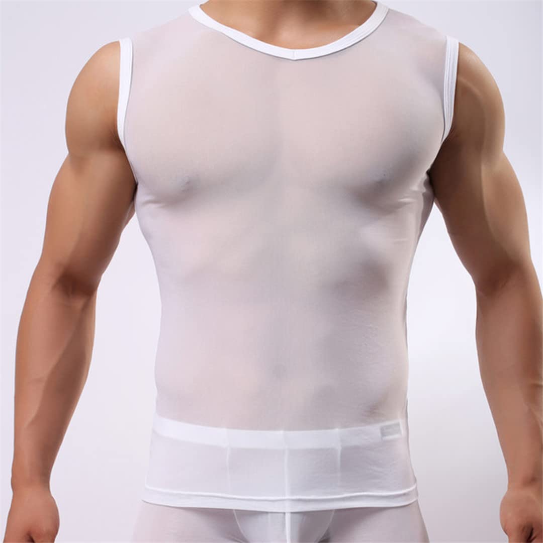 Uomini Sexy Mesh Vedere Attraverso T-Shirt Pigiameria Senza Maniche Top Intimo Maschio Undershirt Camicia Trasparente Colore L