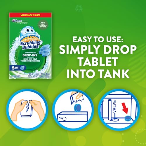 Scrubbing Bubbles Continuous Clean Toilet Drop-Ins, Automatic Blue Toilet Bowl Cleaner, Septic-Safe Tank Tablets Remove Hard Water Minerals & Limescale, Stain & Smell Protection, 5 Count (Pack of 1)
