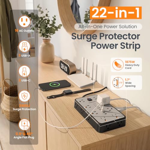 Image of 15 FT Surge Protector Power Strip with 6 USB, 16 Outlets, 2400J