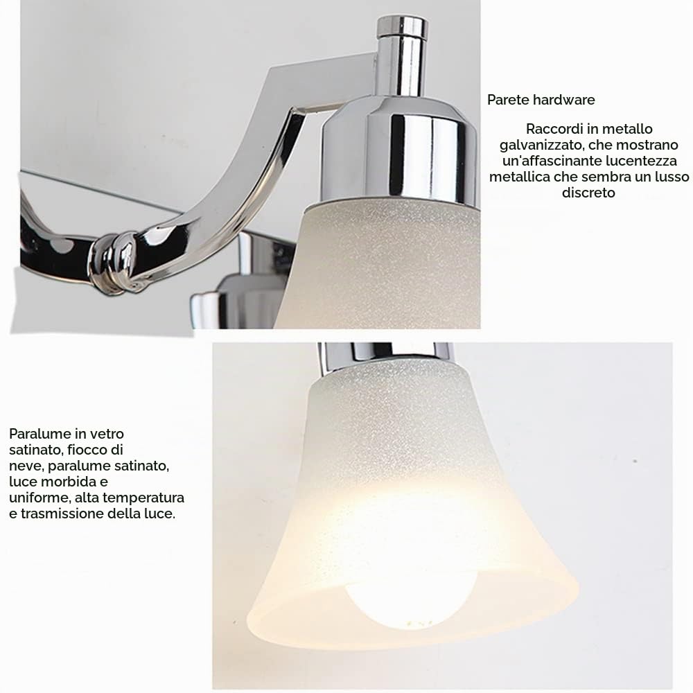 Luce frontale per specchio da bagno, applique da parete in acciaio inossidabile cromato con paralume in vetro opaco, lampada da parete moderna a LED, applique per illuminazione cosmetica, lamp