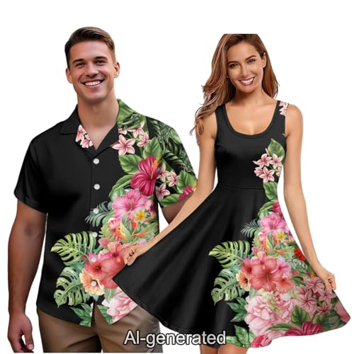 Image of Dreaweet Summer Dresses for Women A-Line Sleeveless Flowy Sun Dresses,Men's Casual Button-Down Shirts,Couple Matching Outfits