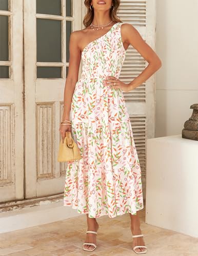 ZESICA Women's 2025 Bohemian Summer Floral Print One Shoulder Sleeveless Smocked Ruffle Tiered Beach Long Midi Dress2