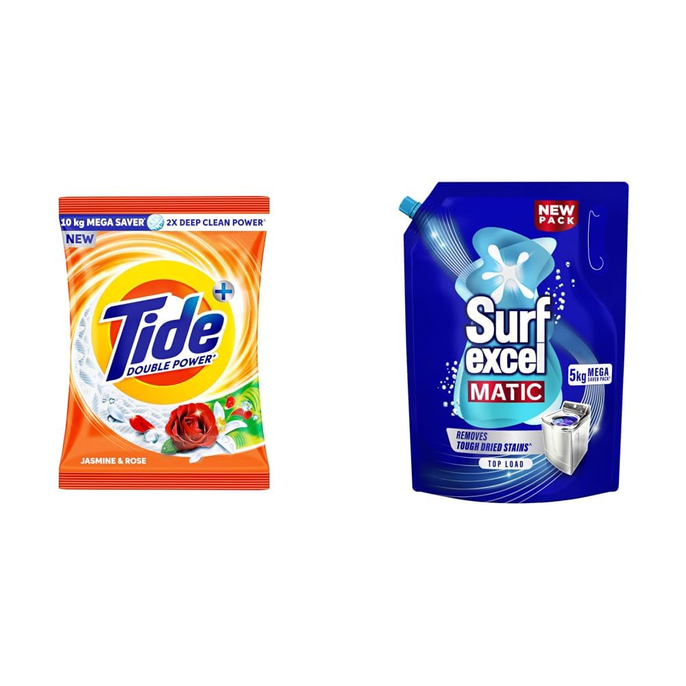 Tide Plus Detergent Washing Powder - 10kg Mega Saver Pack | Jasmine & Rose Fragrance | Removes deep-seated Oil, Gravy, Tea Stains | World's No. 1 Detergent Brand & Surf Excel Matic Top Load Liquid-image-3