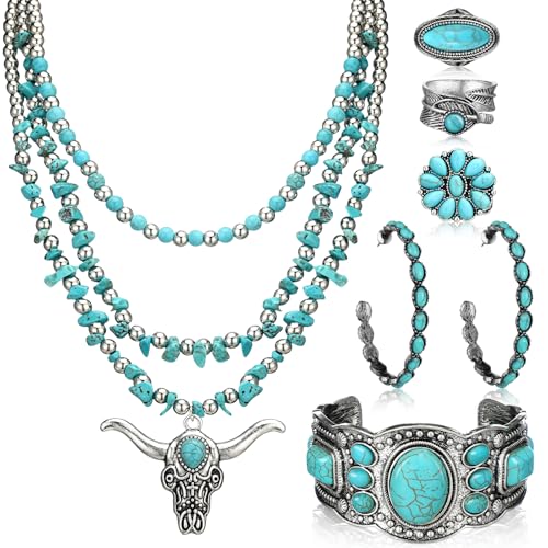 Image of Ecally Bohemian Western Jewelry Turquoise Set Women Country Pendant Long Choker Layered Bracelets Earrings Ring for Women