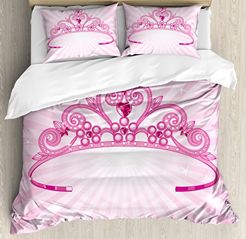 Ambesonne Cartoon Duvet Cover Set, Cartoon Costume Crown Diamond Girls Arrangement, Decorative 3 Piece Bedding Set With 2 Pillow Shams, Queen Size, Fuchsia Pink #TOP19