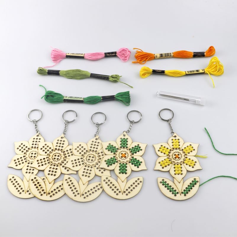 Image of TEHAUX Sunflower Cross Stitch Kit Wooden Keychain DIY Embroidery Needlepoint Set with Cotton Thread for Christmas Decoration and Craft