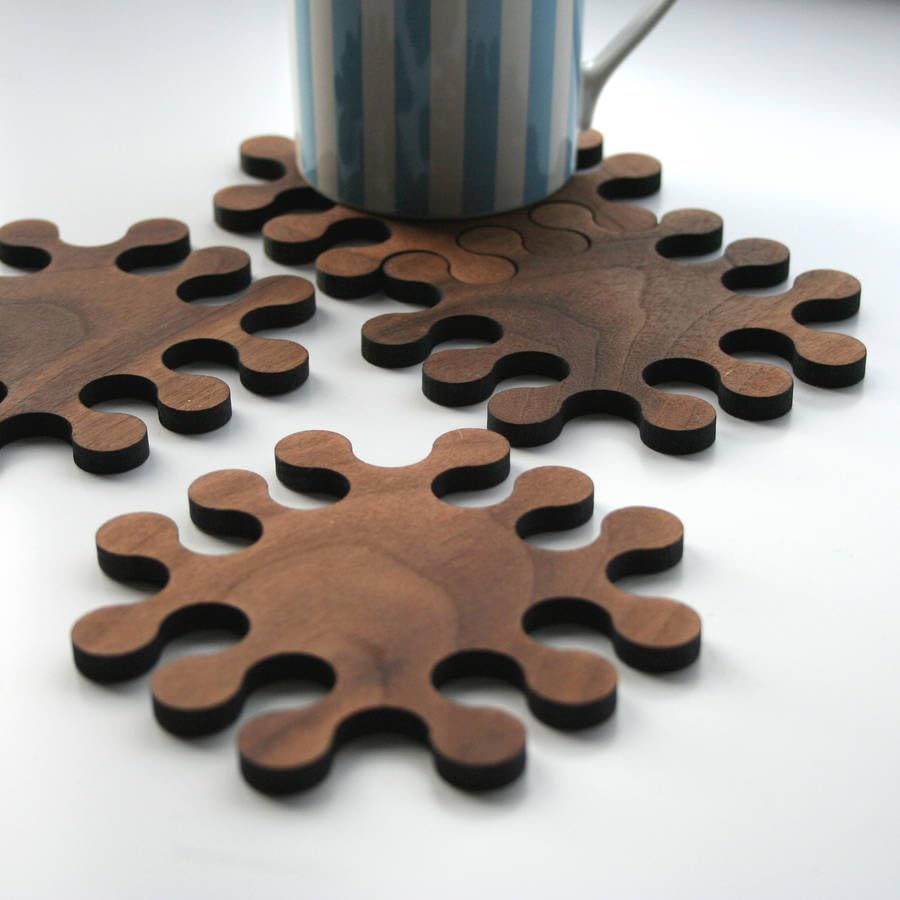 Wooden Jigsaw Coaster Set of 3 | Interlocking Puzzle Design Coasters for Tea, Coffee & Drinks | Modern Walnut Finish Table Decor-image-3