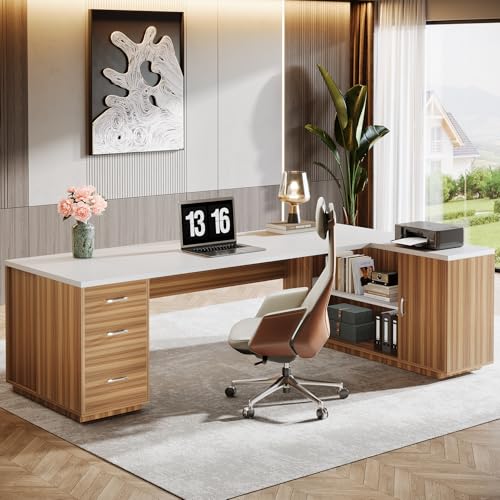 Image of Tribesigns 85.8-Inch L-Shaped Executive Office Desk with File Drawers & Storage Cabinet, Professional Corner Computer Desk Extra Large Business Workstation with Adjustable Shelves (White&Walnut)