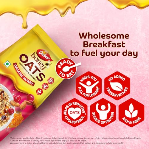 Image of Dabur Honey Oats Cranberries & Almonds with Organic Honey - 500g | Ready to Eat | Helps Reduce Cholesterol | No Artificial Preservatives, Flavours & Colors