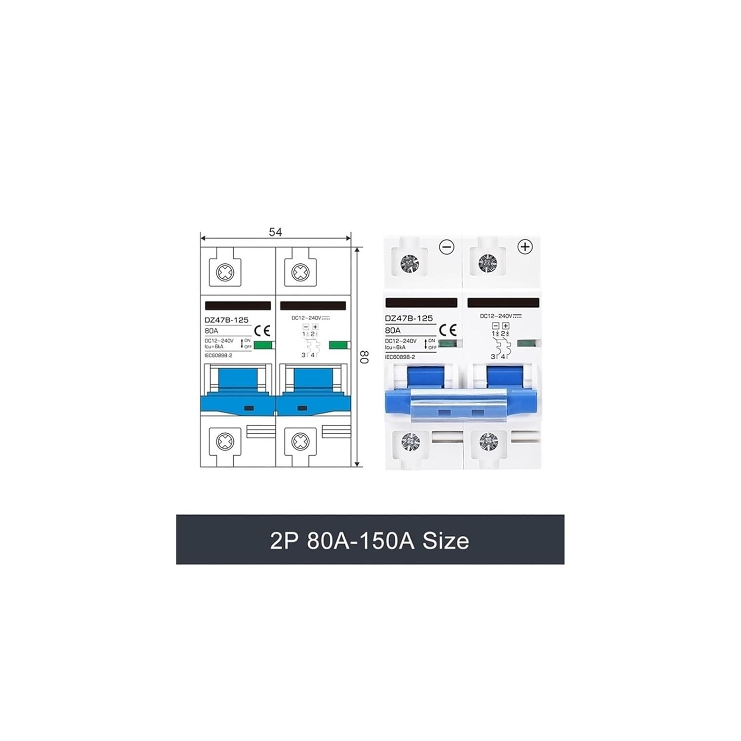 1P Molded Case Circuit Breaker 100A-600A High Power Protection Switch DC 12V-500V Solar Electric Car High Current Protector(2P,DC 80A)