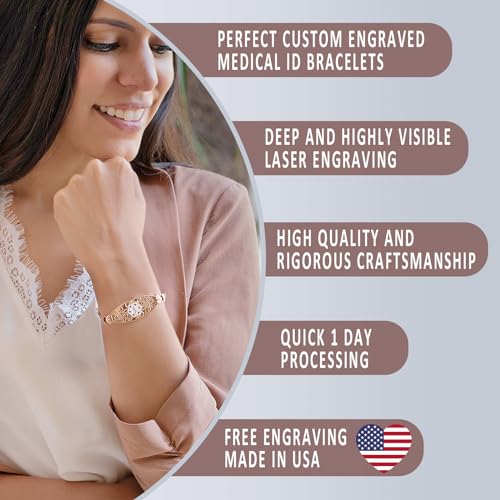 Divoti Medical Alert ID Bracelet for Women | Custom Engraved PVD Gold Filigree ID Tag with Inter-Mesh Chain | Hypoallergenic Adjustable Lobster Clasp | Emergency Identification Jewelry3