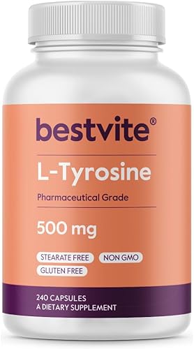 BESTVITE L-tirosina 500mg (240 cápsulas) - Sin estearatos - Sin OMG - Sin gluten