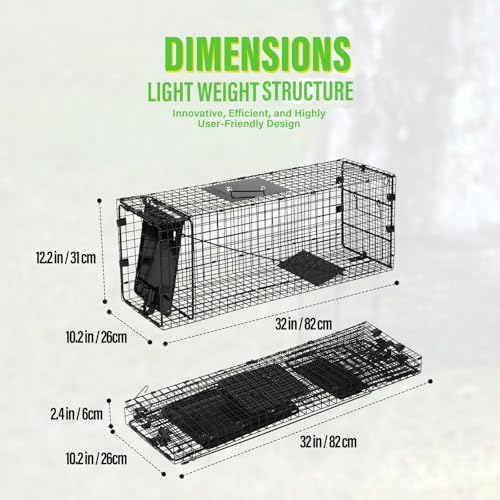 Humane Way Folding 32 Inch Live Humane Animal Trap - Safe Traps for All Animals - Raccoons, Cats, Groundhogs, Opossums - 32"x10"x12",Black
