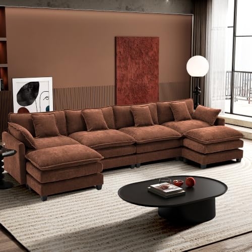 Image of Ihanherry 146 inch U-Shaped Modern Sofa Modular Sectional Luxurious and Comfortable with 2 Ottoman, 6-Seat Chenille Deep Seat Sofa with 6 Pillows for Living Room, Bedroom and Apartment, Brick Red