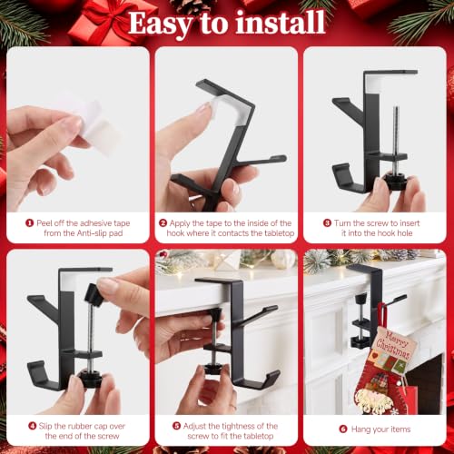 HISFFOG 4 Pack Stocking Holders for Mantle, 2-in-1 Adjustable Christmas Stocking & Garland Hangers with Dual Hooks, No-Drill Metal Fireplace Hooks with Non-Slip Pads, Black - image 7