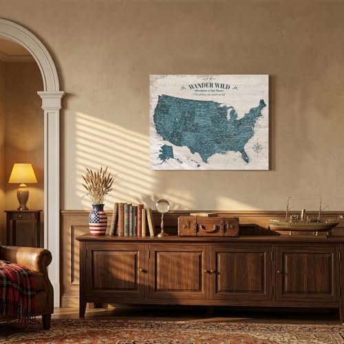 Image of IPIC - Antique Blue USA Travel Map, Pin Board Canvas Wall Art, Travel Map with Pins Included, Ready to Hang for Home or Office, 30x24 Inch