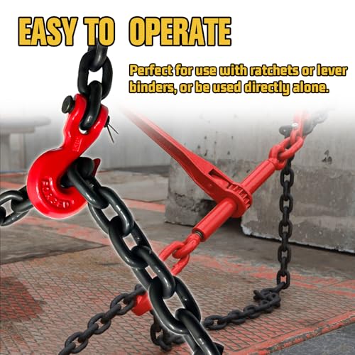 Image of G80 Transport Binder Chain 5 /16 inch x10ft - 4900 lbs WLL Heavy Duty Tow Chain for Trailers & Trucks - Clevis Grab Hooks (Oiled Black) - ASTM A306 Compliant